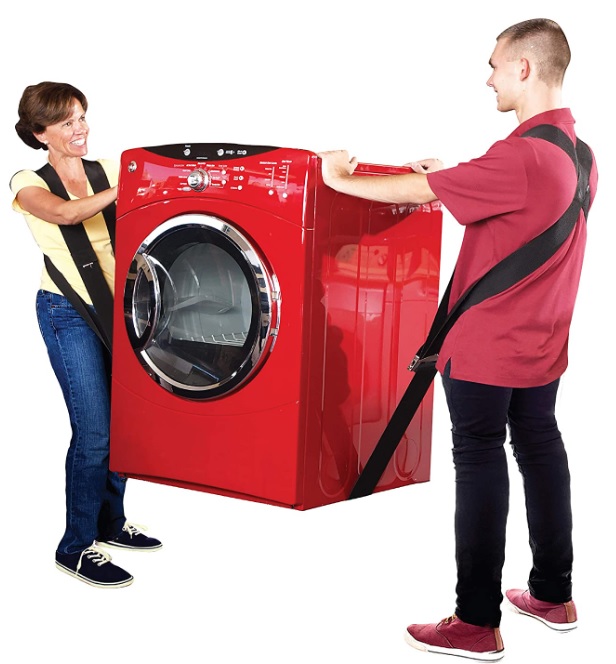 couple moving heavy washing machine with straps